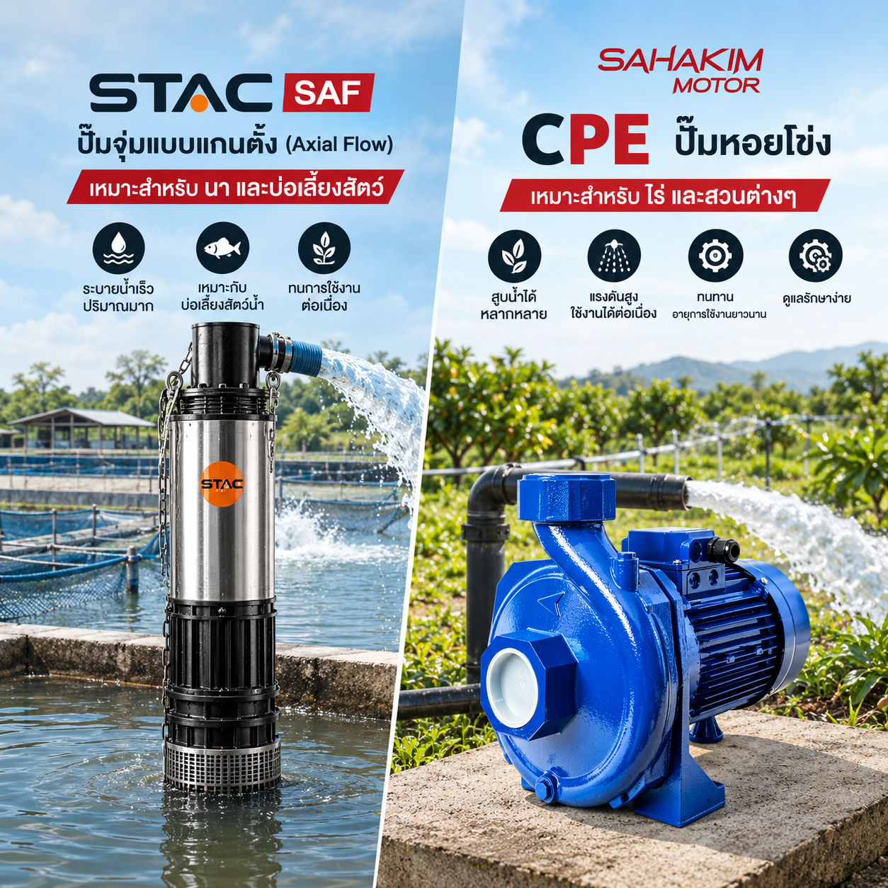แผนภาพเลือกปั๊มตามงาน: นาและบ่อเลี้ยงสัตว์น้ำใช้ปั๊มจุ่ม Axial Flow ไร่และสวนใช้ปั๊มหอยโข่ง