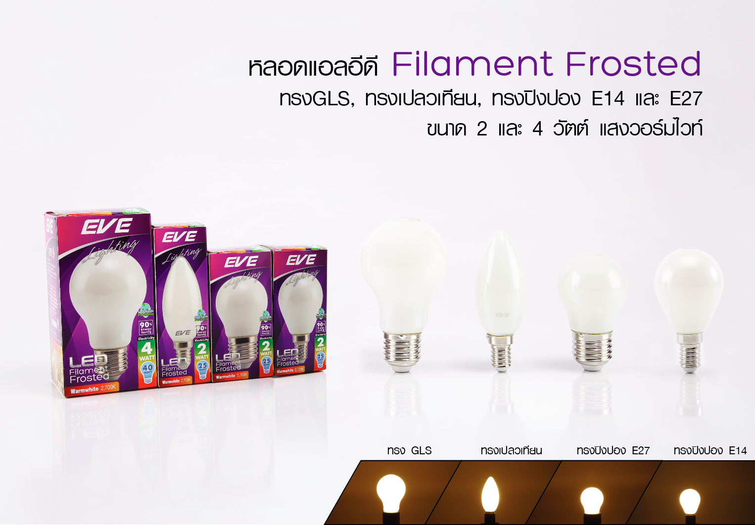 หลอดแอลอีดี ฟิลาเมนต์ แก้วขุ่น ขนาด 2 วัตต์ แสงเหลืองวอร์มไวท์ ขั้วE14 และ E27 แสงออกเต็มไม่เกิดเงาใต้หลอด LED Filament Frosted 2w E14/E27 