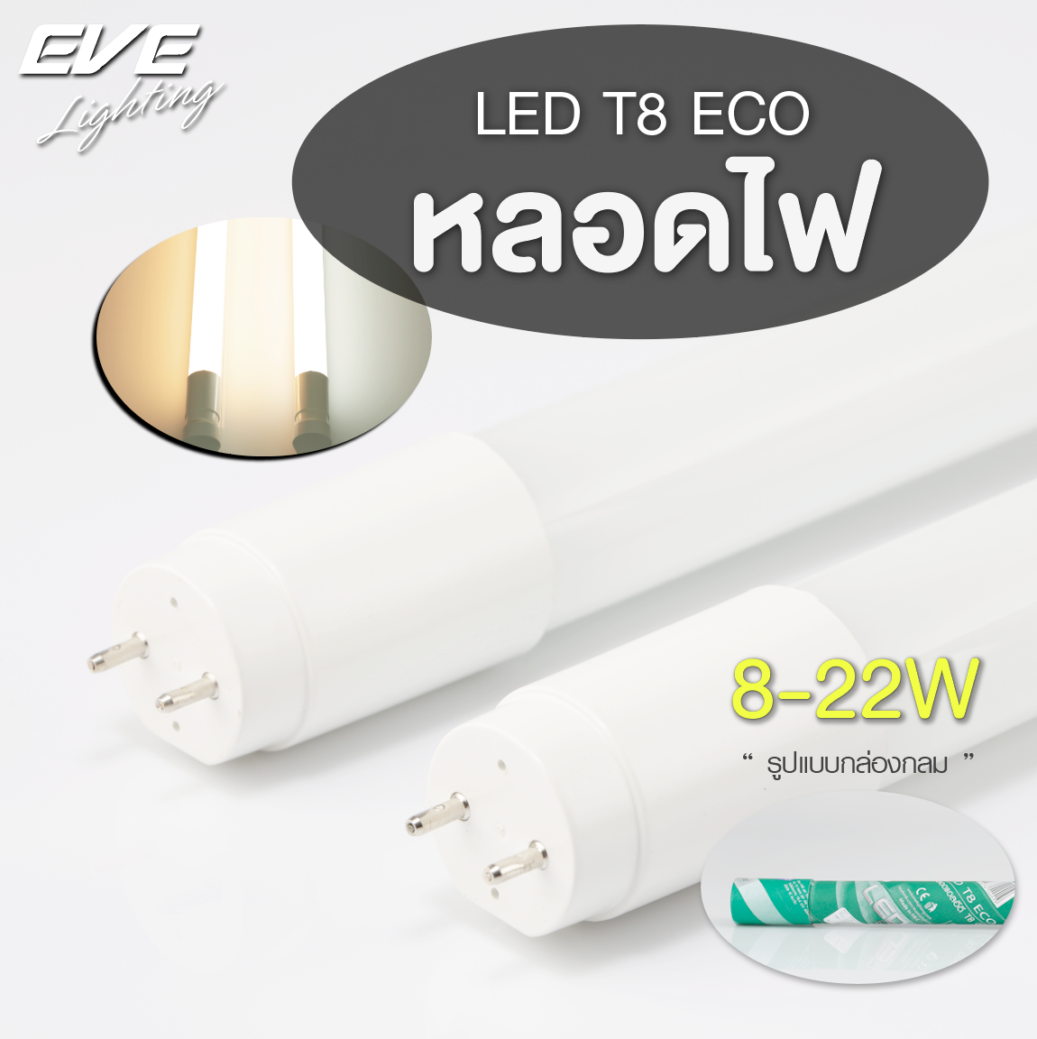 LED T8 ECO หลอดแอลอีดี T8 ชนิดไฟเข้าสองทาง ขนาด 8, 9, 16, 18, 22 วัตต์ แสงขาวเดย์ไลท์, วอร์มไวท์ และ คูลไวท์