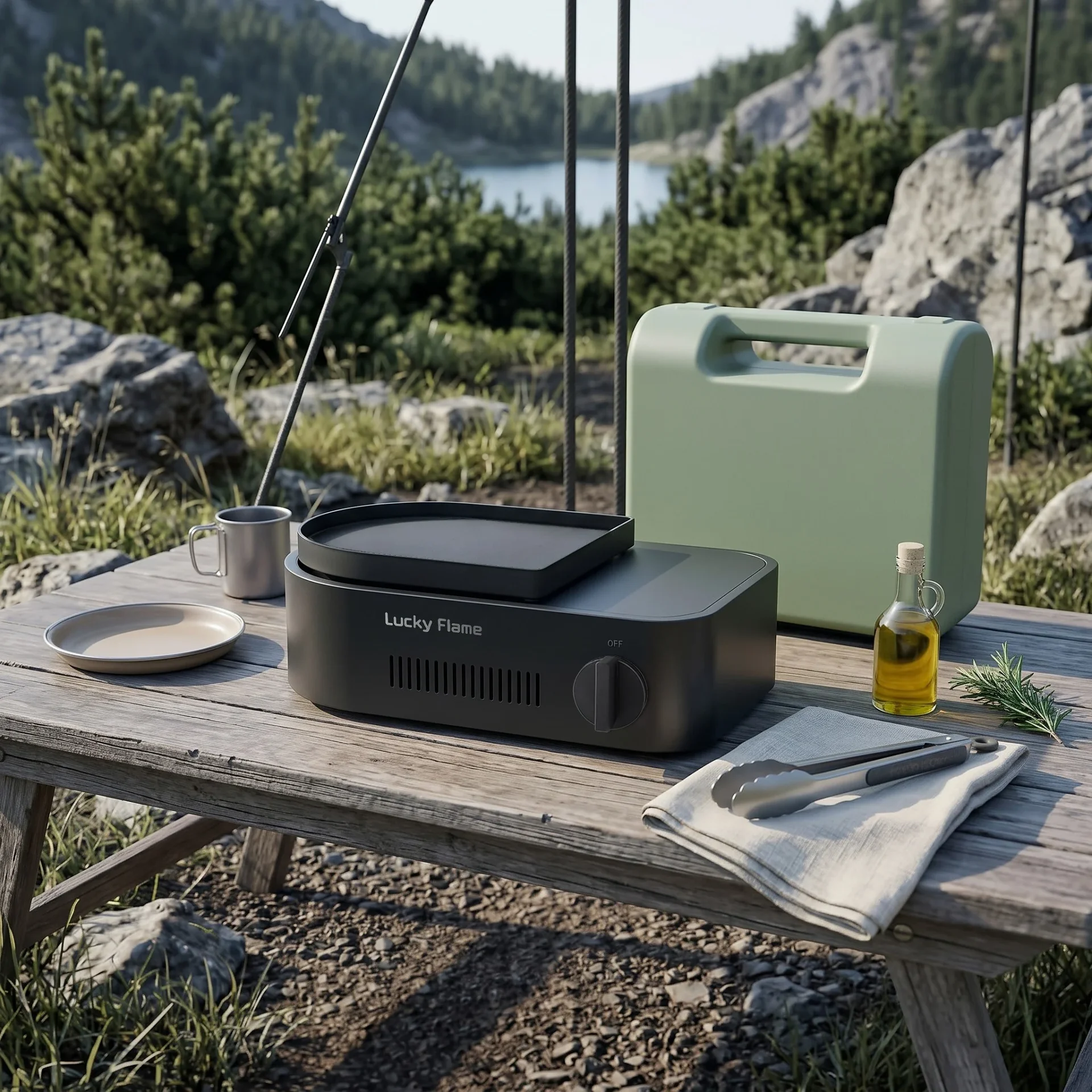 CAMPANION at a campsite, griddle plate on the stove, hard case beside it
