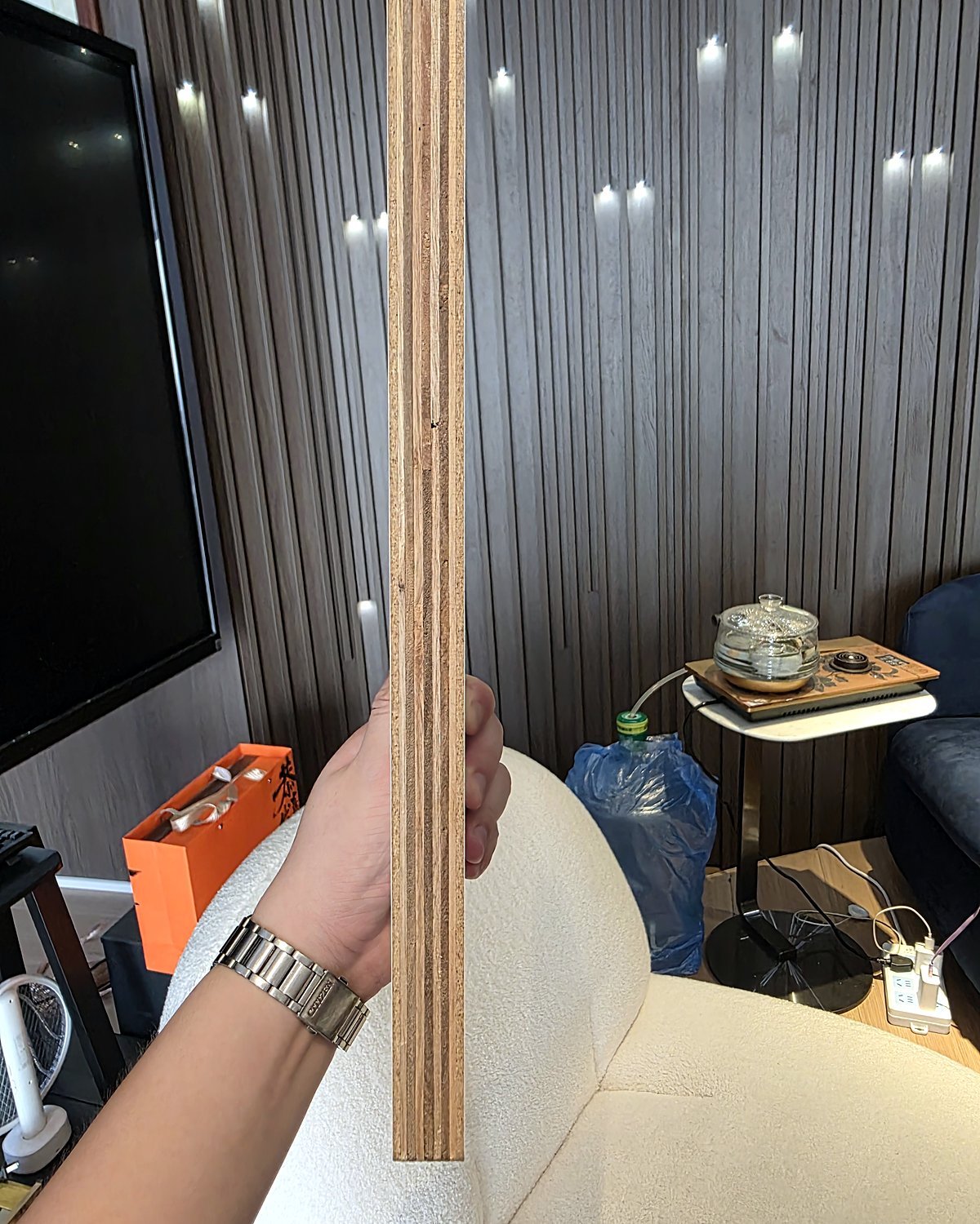 Plywood edge showing layered real-wood veneers