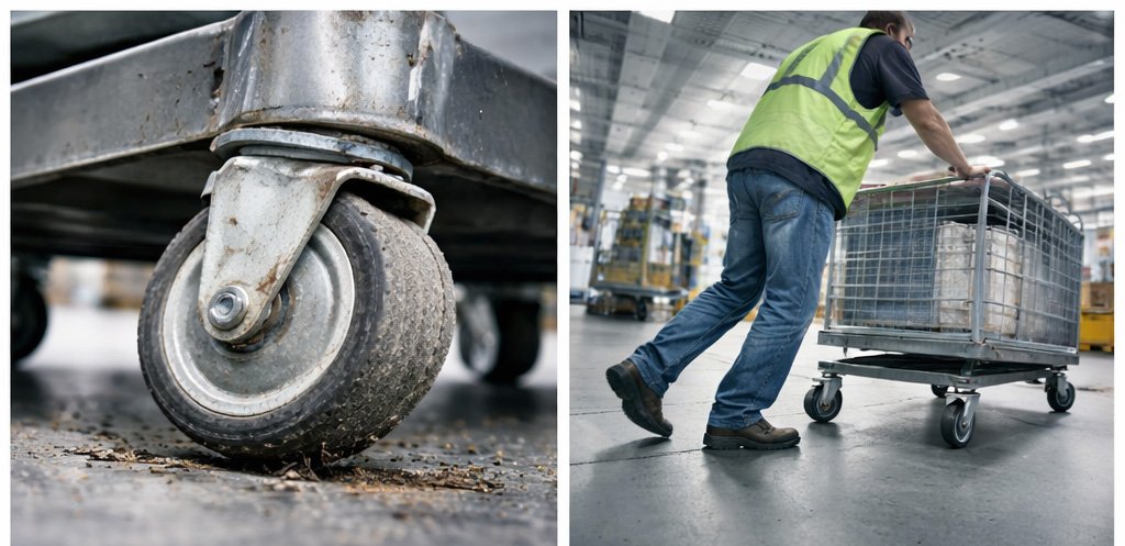 รถเข็นเอียงหรือเลี้ยวไม่ตรง เกิดจากอะไร? วิธีแก้ปัญหารถเข็นวิ่งเบี้ยวในโรงงานและคลังสินค้า