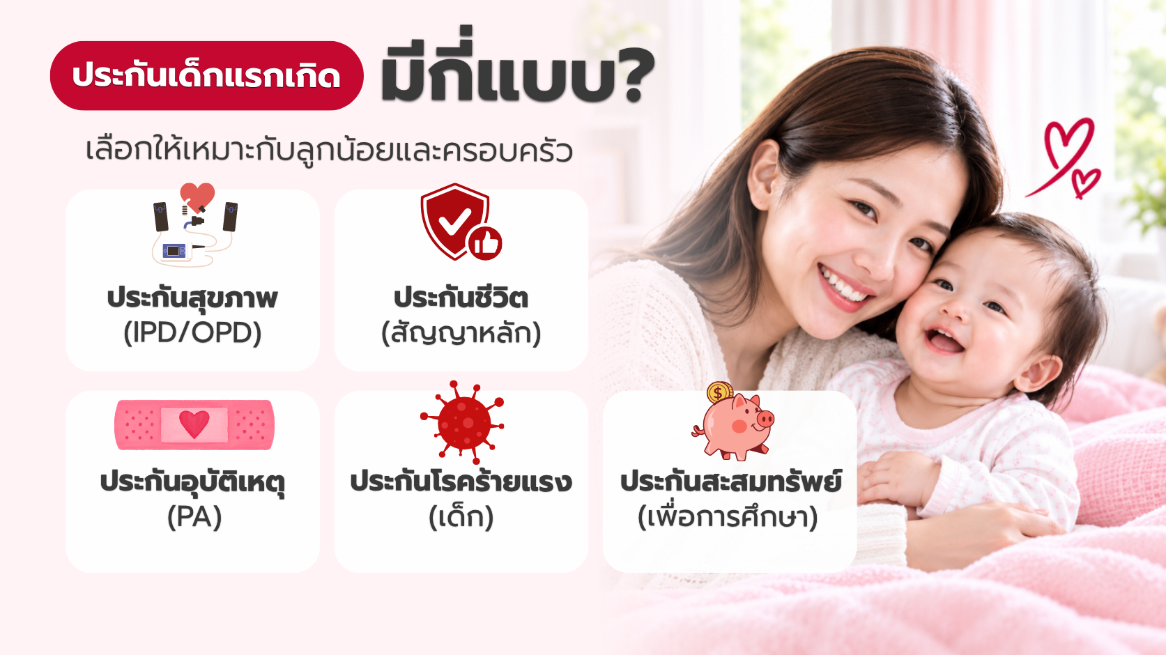 ประกันเด็กแรกเกิดมีกี่แบบ เปรียบเทียบประกันสุขภาพ อุบัติเหตุ โรคร้ายแรง และสะสมทรัพย์