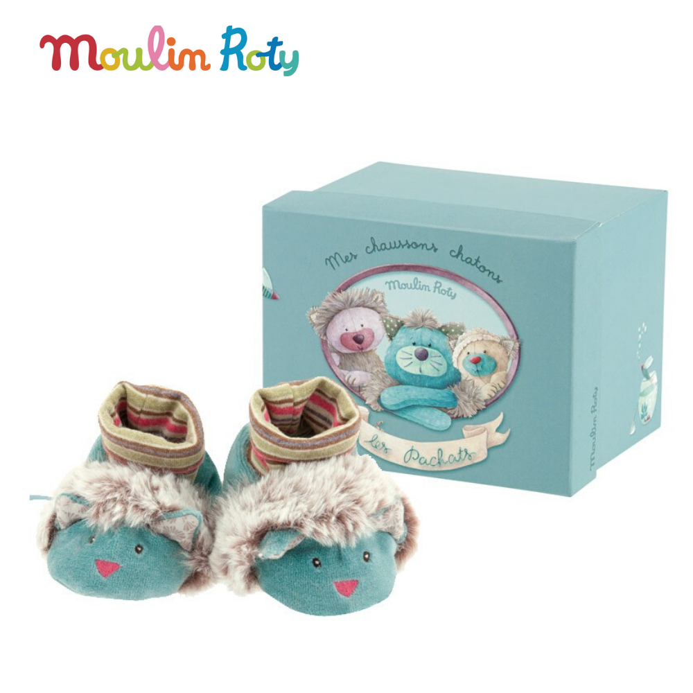 Moulin Roty ถุงเท้าเด็กอ่อน รองเท้าเด็กอ่อน ใช้ได้แรกเกิด-9 เดือน ลายแมวภูเขา Les Pachats Slippers MR-660011 (สีเขียว)