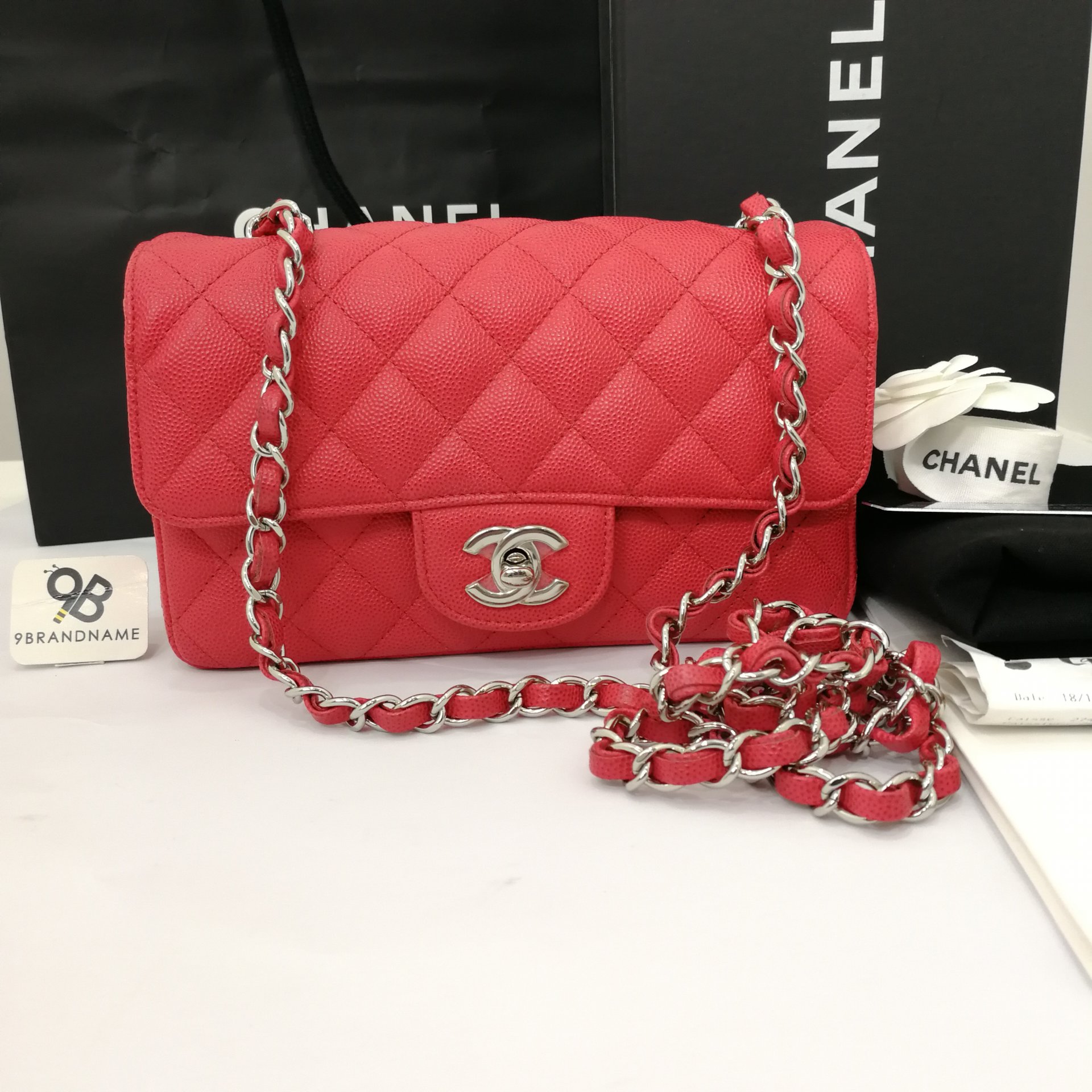 Used Like​ New -​ Chanel Classic​ Mini​ 8​ Red​Pink Caviar​ SHW - 9brandname