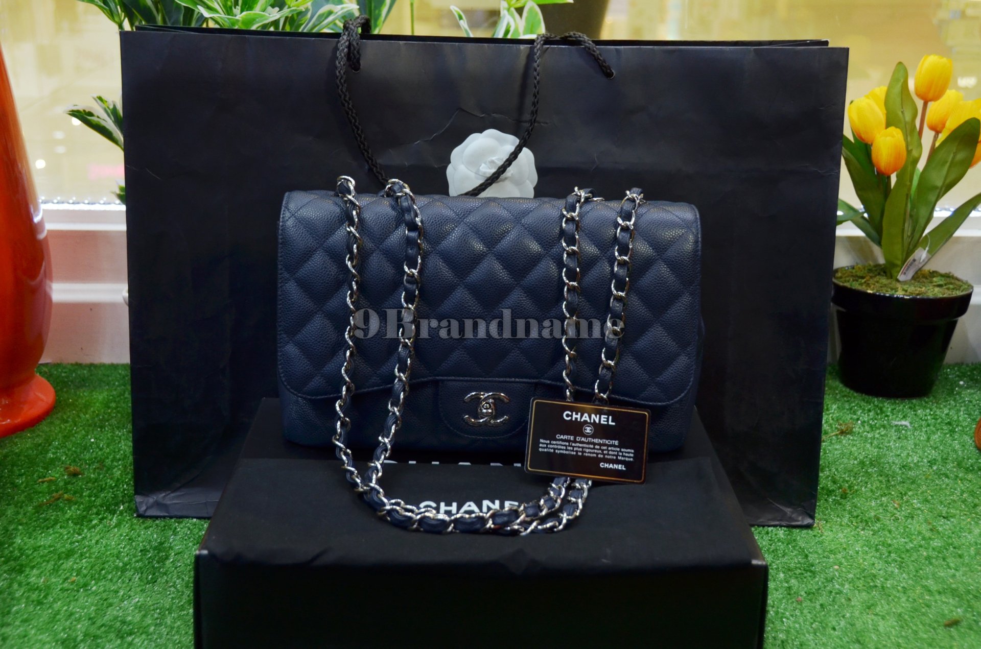 Chanel Jumbo Navy Blue Cavier 12 SHW - Used Authentic Bag - 9brandname