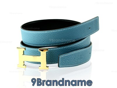Hermes Belt 90 Leather Togo Blue With Black Gold Buckle - Authentic
