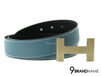 Hermes Belt 90 Leather Calfskin Epsom Blue And Black  H Buckle Gold - Authentic