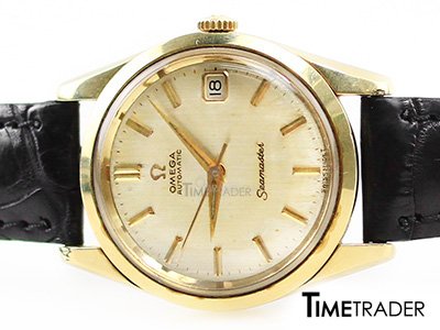 Omega Seamaster Automatic Calibre Calendar Watch Vintage 1961 Man Size นาฬิกาโอเมก้าซีมาสเตอร์ หน้าปัดสีทองหลักขีดสายหนังสีดำ ขายนาฬิกาของแท้มือสอง สภาพดีค่ะ