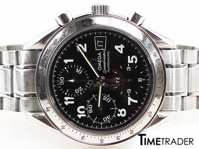 Omega Speedmaster Chronograph Steel Auto Man Size  นาฬิกาโอเมก้าสปีดมาสเตอร์ หน้าปัดสีดำจับเวลา สายเหล็กเงาสลับด้าน ขายนาฬิกาโอเมก้าของแท้มือสองสภาพดีค่ะ