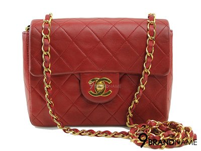 Chanel Mini Square7 Vintrade Red Lambskin GHW - Used Authentic Bag  กระเป๋าชาแนล มินิสแควร์7 หนังแกะสีแดงอะไหล่โซ่ทอง ของแท้มือสองสภาพดีค่ะ