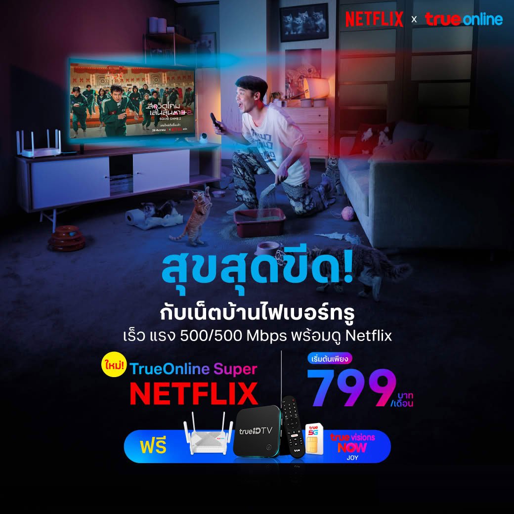 โปรโมชั่น เน็ตบ้านทรู แพ็กเกจอินเตอร์ เราเตอร์ ไวไฟ พร้อมกล่องทีวี รับชม Netflix