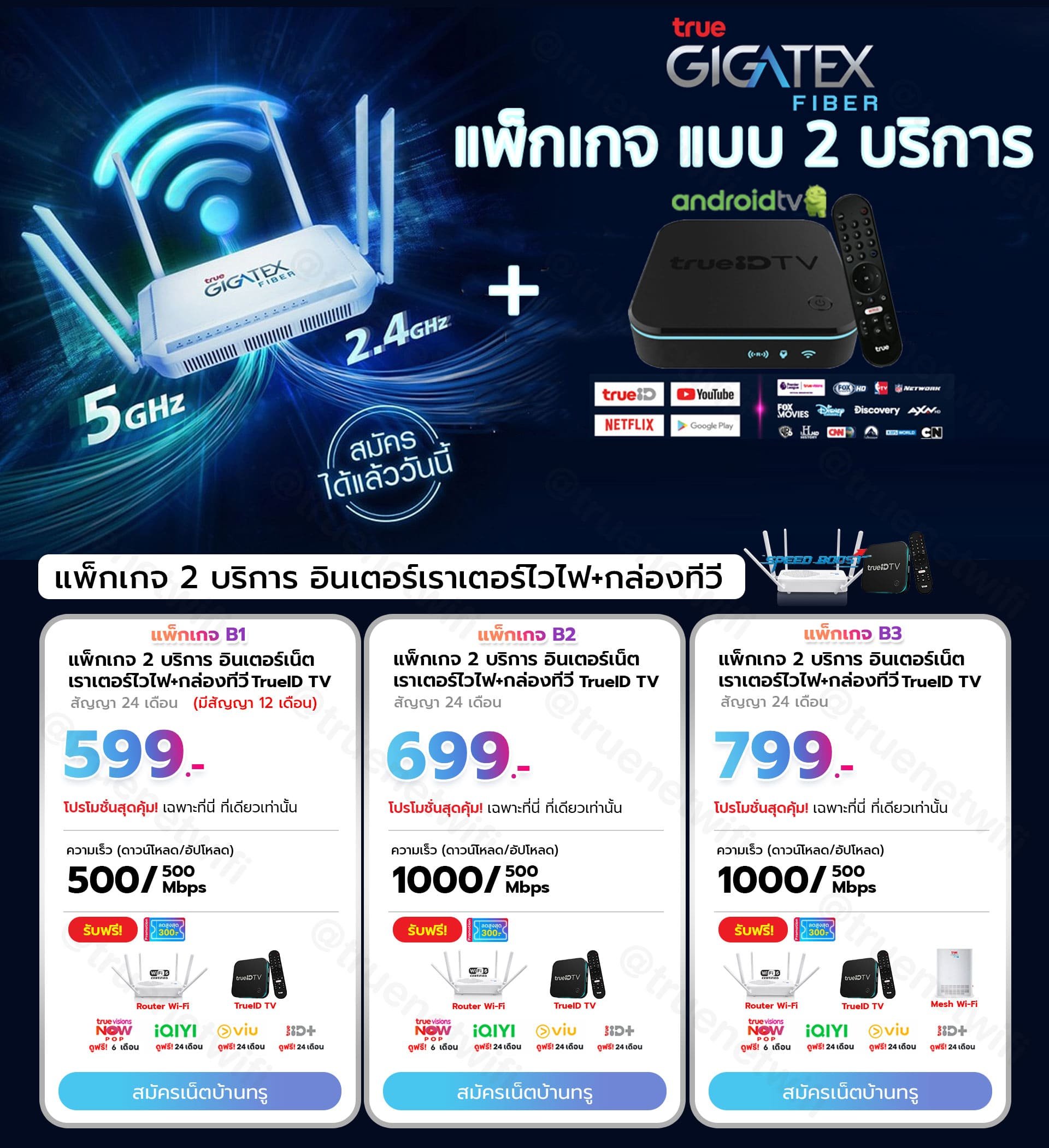 โปรโมชั่น เน็ตบ้านทรู อินเตอร์เน็ต เราเตอร์ไวไฟ พร้อมกล่องทีวีทรูไอดี รับชม VIU IQIYI 
