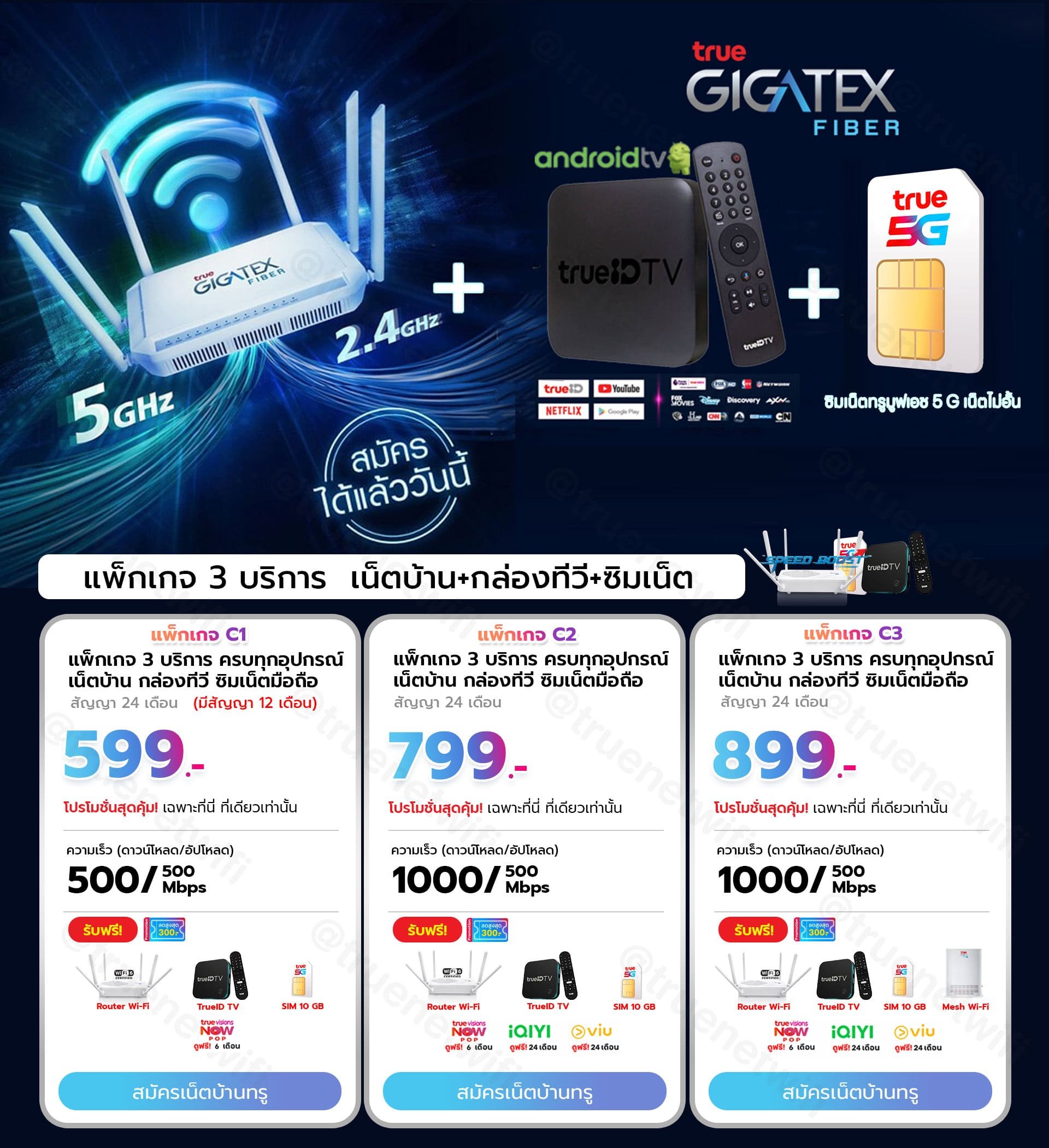 โปรโมชั่น เน็ตบ้านทรู อินเตอร์เน็ต เราเตอร์ไวไฟ พร้อมกล่องทีวีทรูไอดี  แถมซิมเล่นเน็ต รับชม VIU IQIYI 