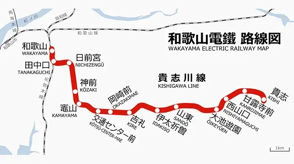 แผนที่เส้นทาง Kishigawa Line ของ Wakayama Electric Railway ประเทศญี่ปุ่น