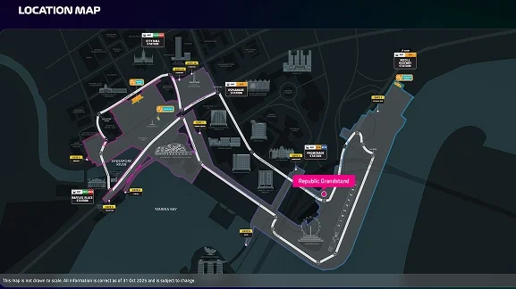 แผนผังแสดงตำแหน่งที่ตั้งโซน Republic Grandstand ในสนาม Marina Bay Street Circuit Zone 1