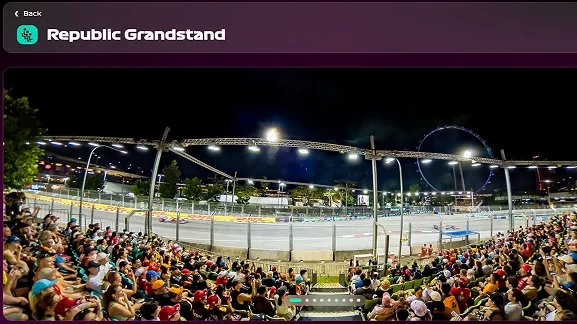 ตัวอย่างมุมมองจากที่นั่ง Republic Grandstand สนาม F1 สิงคโปร์ บริเวณโค้งที่ 5 (Turn 5)