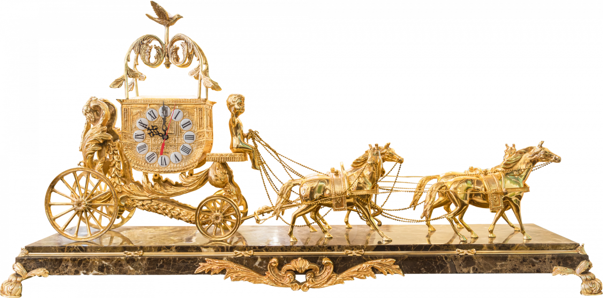 Luxury Four Horse-drawn Carriage Table Clock in Dark Emperador Marble Stand