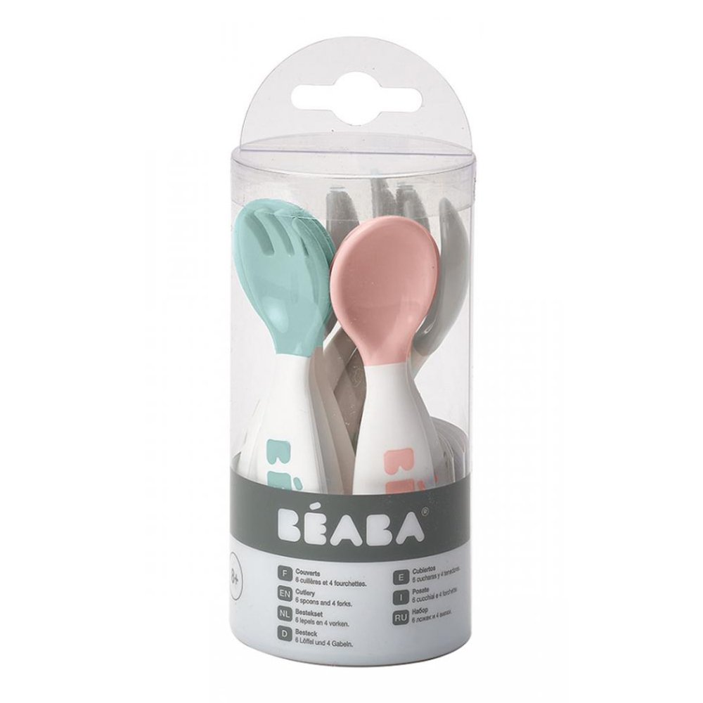 ชุดช้อนส้อม BEABA Set of 6 2nd age Training Spoons and 4 Training Forks (Airy Blue / Vintage Pink / Light Grey)