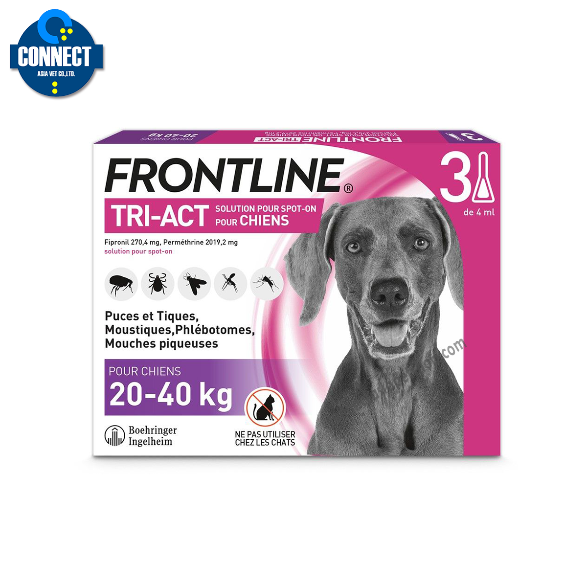 Frontline Tri-Act ไล่และกำจัดเห็บ หมัด ยุง แมลงวันคอก สำหรับสุนัข นน. 20-40  kg (L) (3หลอด)