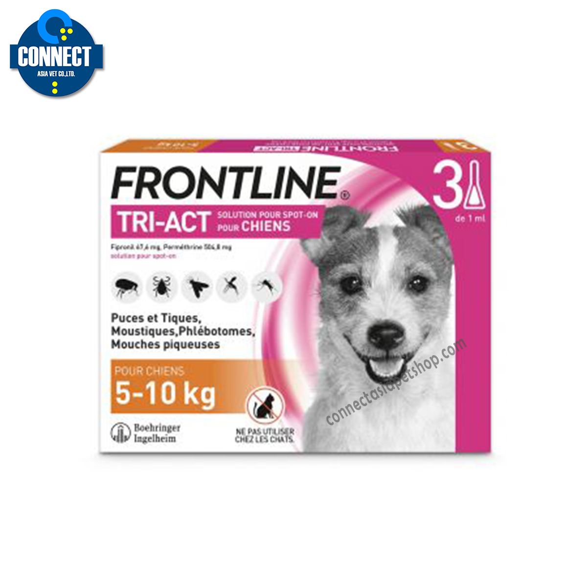 Frontline Tri-Act ไล่และกำจัดเห็บ หมัด ยุง แมลงวันคอก สำหรับสุนัข นน. 5-10 kg (S) (3หลอด)