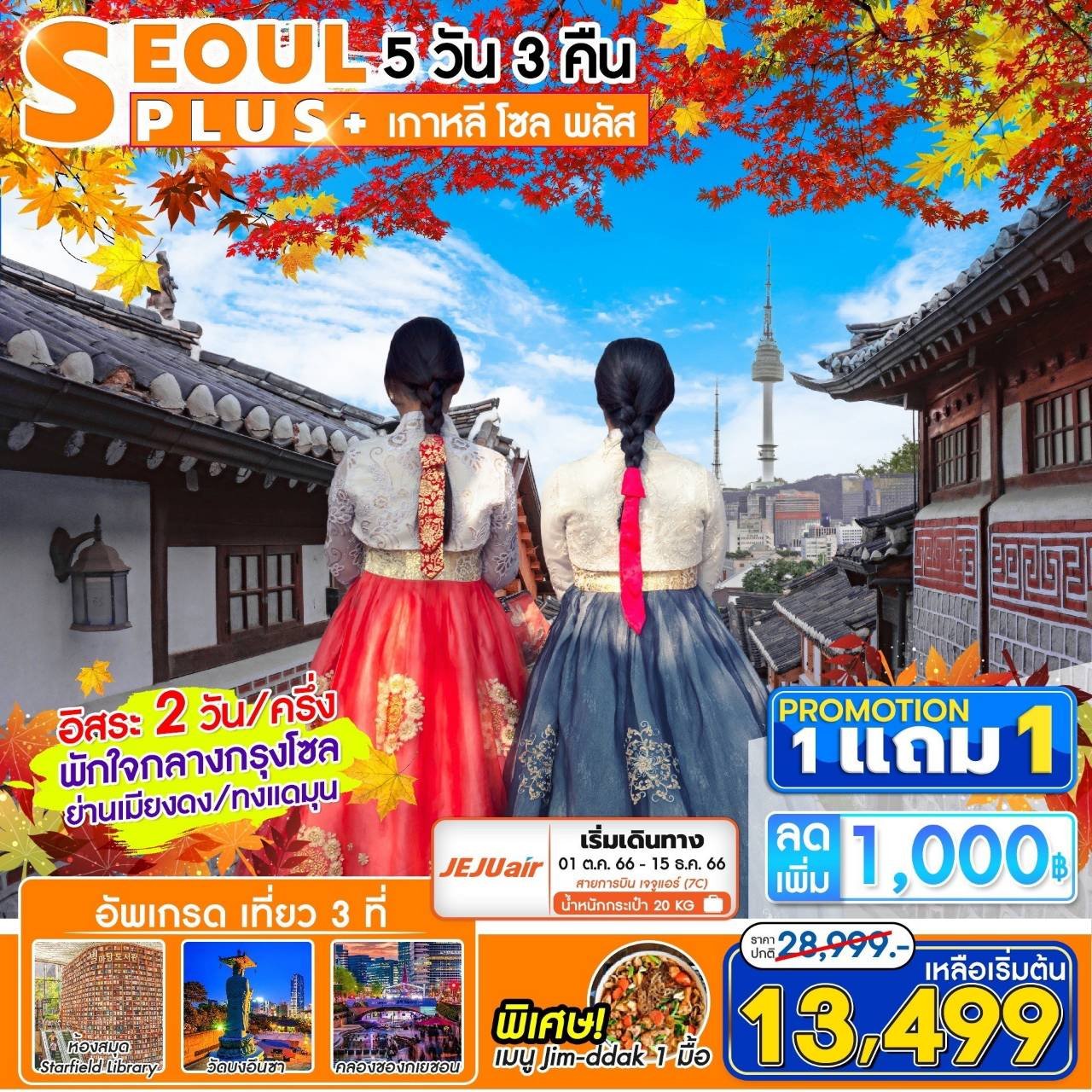 (โปรโมชั่น!!! ซื้อ 1 แถม 1) ทัวร์เกาหลี โซล Seoul Plus+ 5 วัน 3 คืน