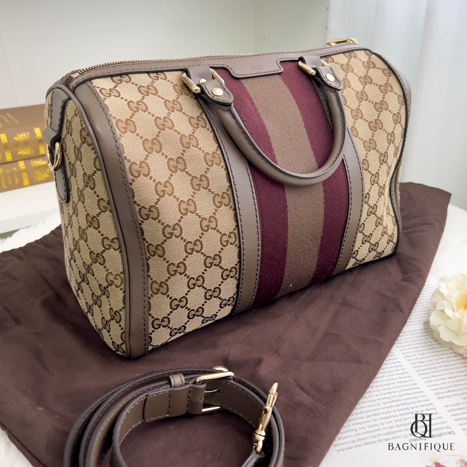 Gucci GG Supreme Web Boston Bag Brown