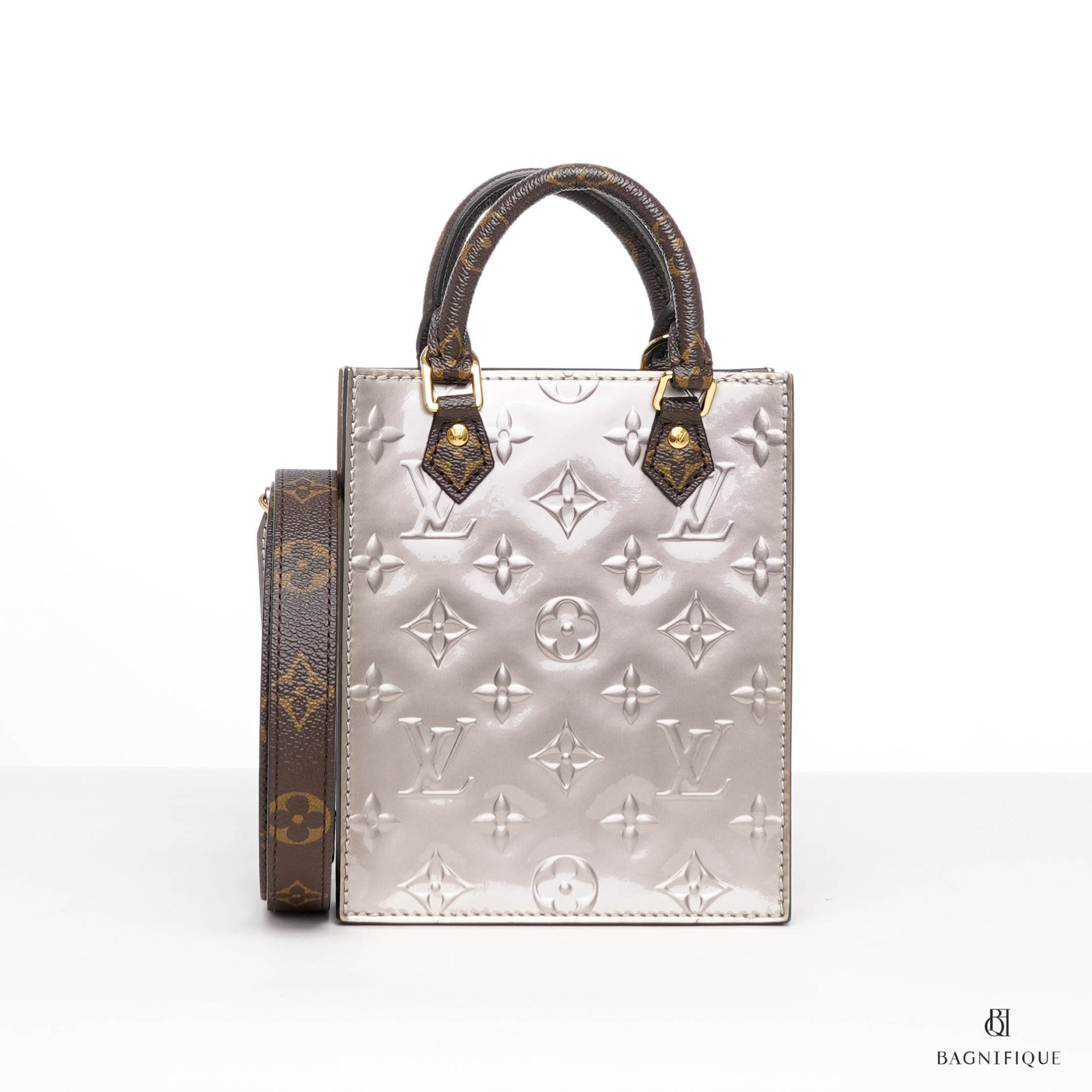 LV PETITE SAC PLAT PM SILVER MONOGRAM GOLD VERNIS GHW