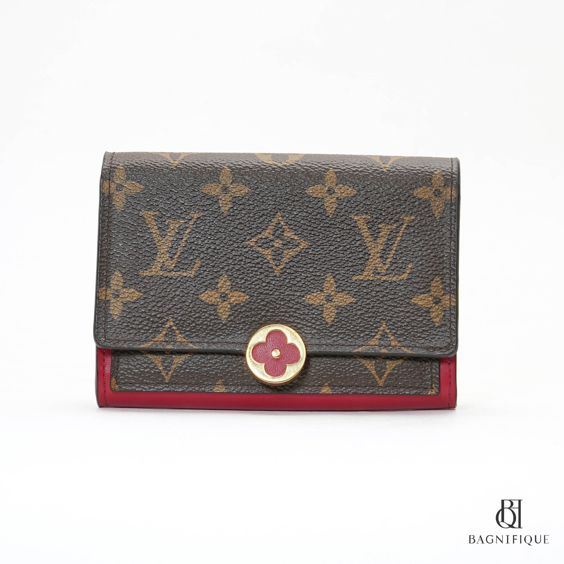 LOUIS VUITTON PORTEFEUILLE FLORE SHORT BROWN MONOGRAM BURGANDY CANVAS GHW