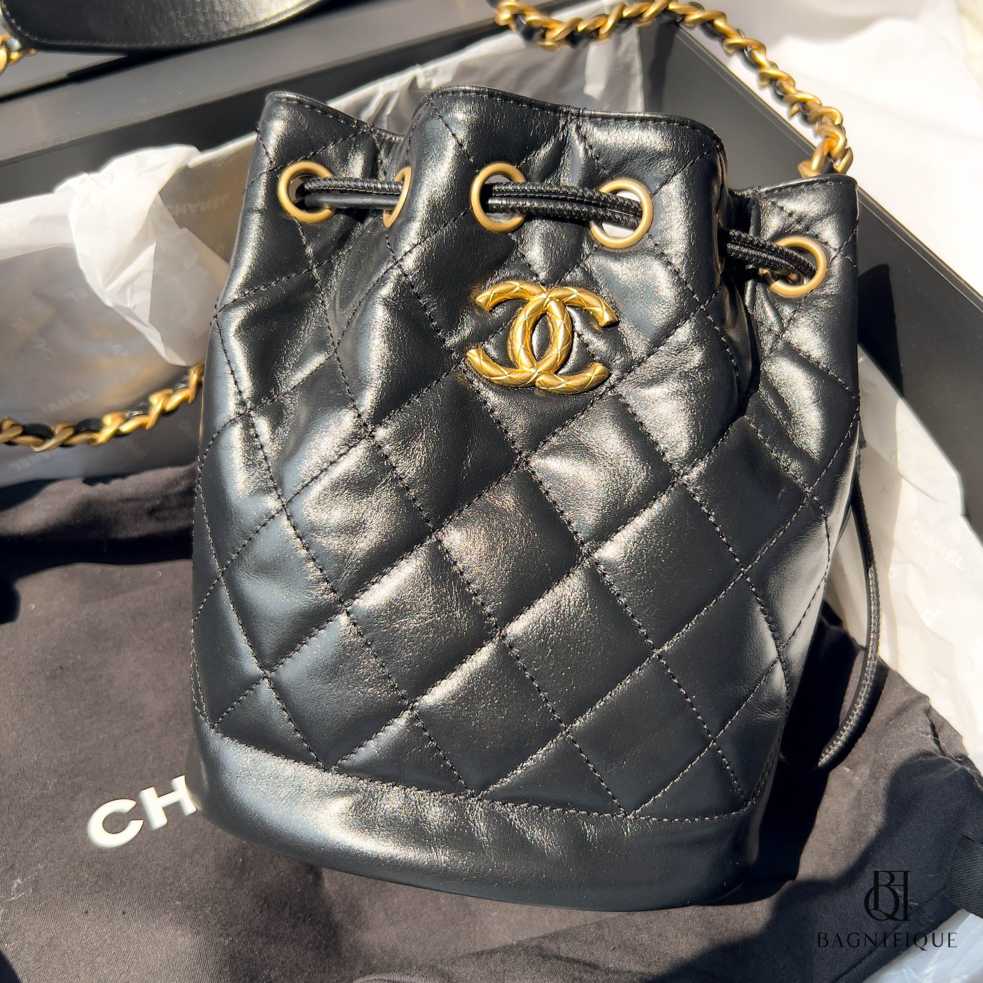 Chanel Drawstring Bucket Lamb Black