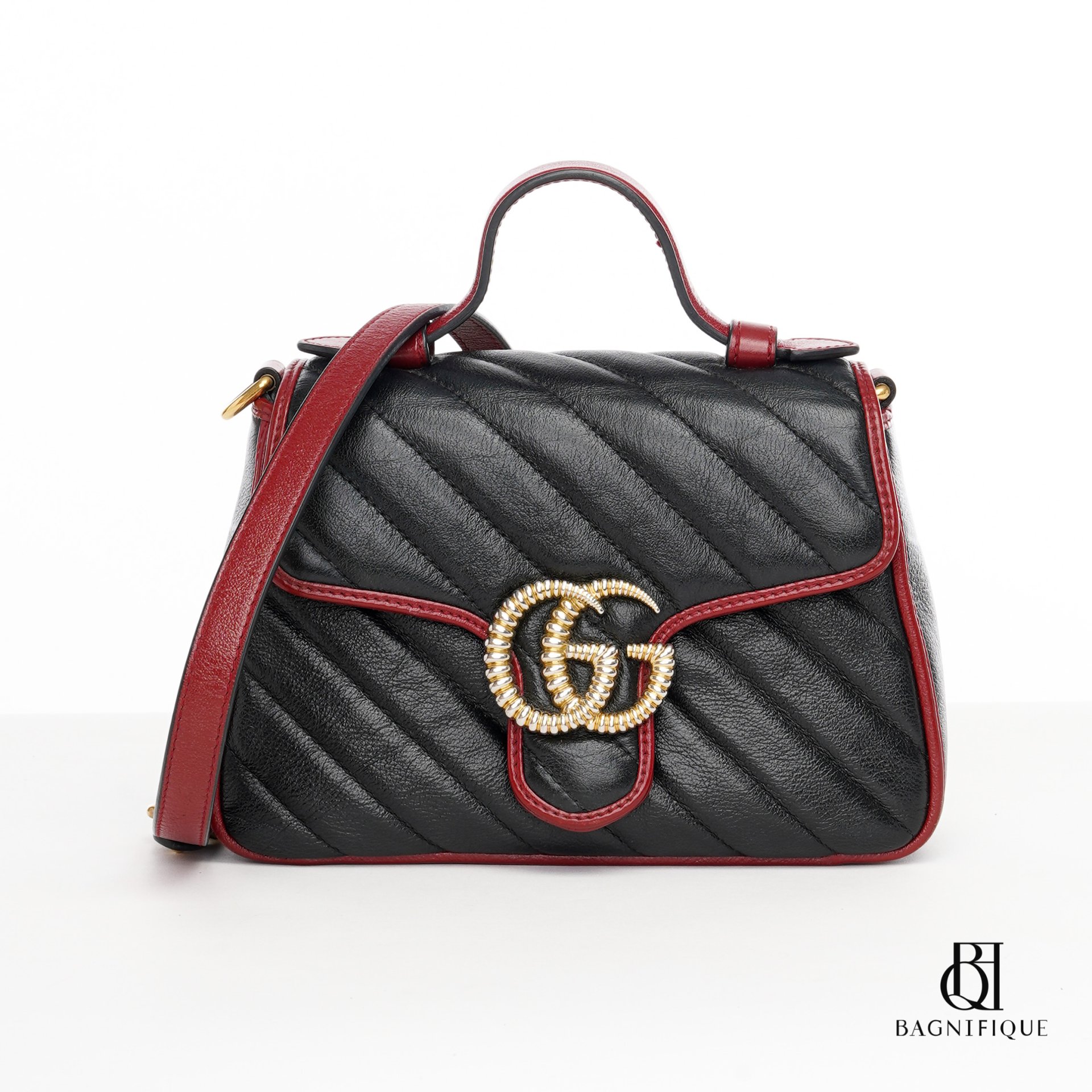 GUCCI MARMONT TOP HANDLE MINI BLUE RED CALF GHW