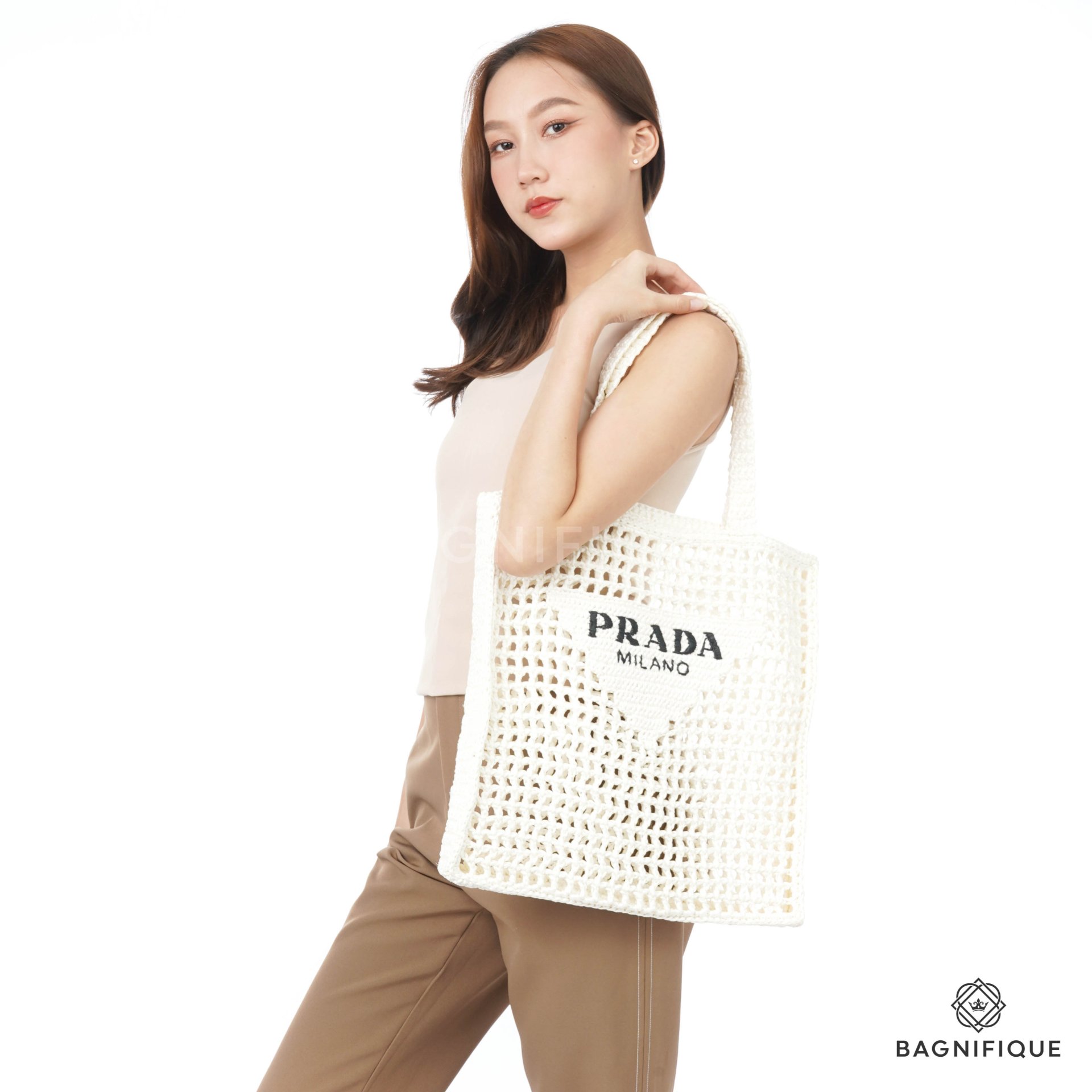 PRADA TOTE 1BG393 37 WHITE CREAM - bagnifiquethailand