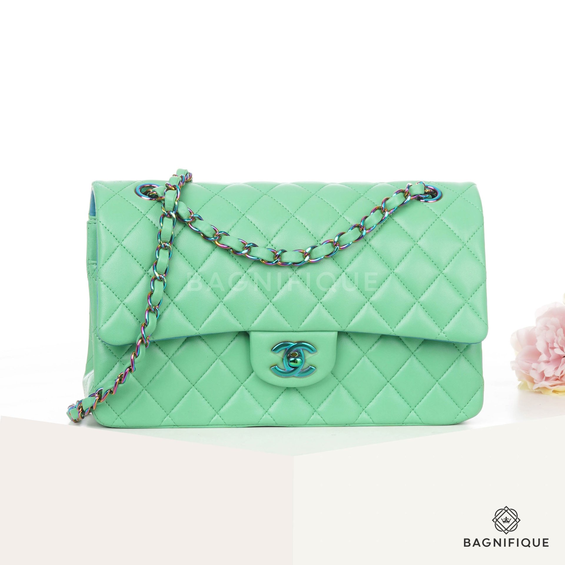 CHANEL CLASSIC 10_ GREEN BLUE LAMB THW