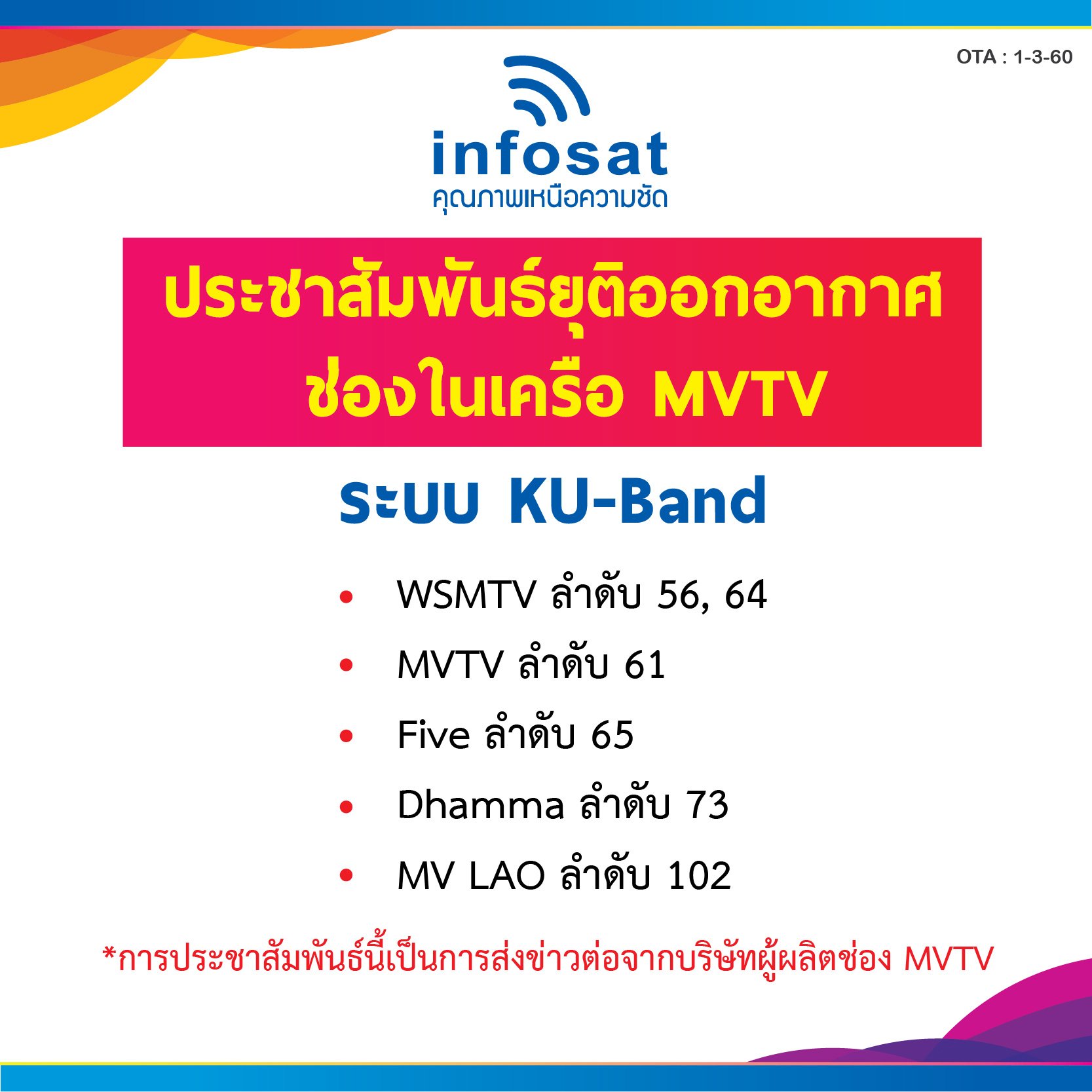 ประชาสัมพันธ์ยุติออกอากาศ ช่องในเครือ MVTV ในระบบ KU-Band
