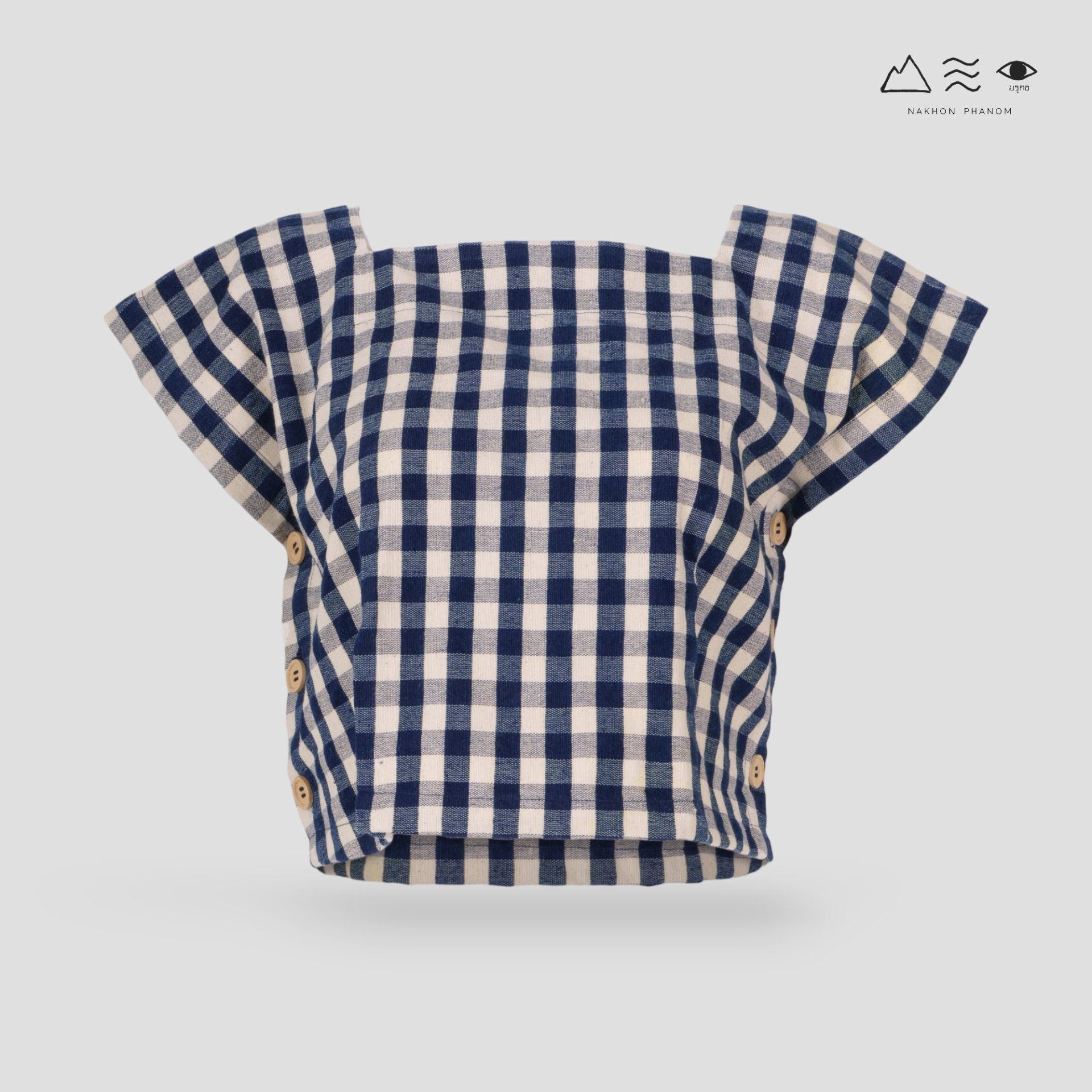 เสื้อครอปคอเหลี่ยมผ้าทอมือ คราม-ขาว