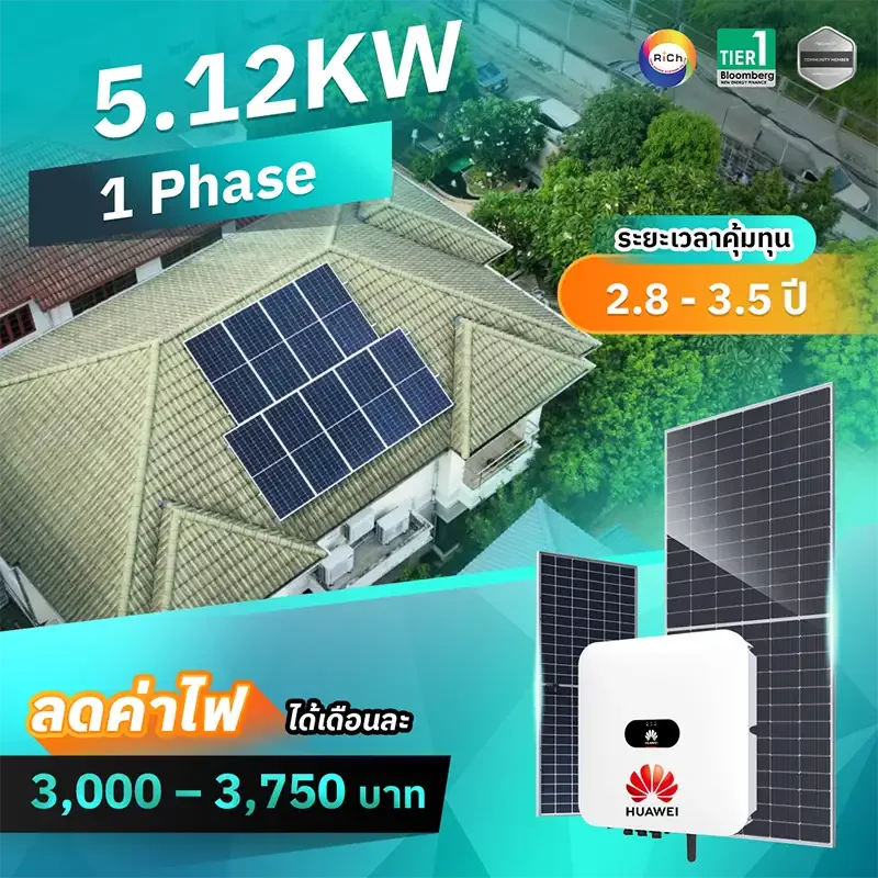แพ็คเกจติดตั้งโซล่าเซลล์ 5.12KW 1 Phase