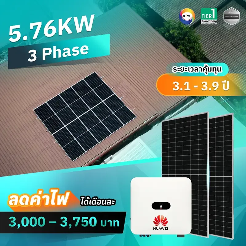 แพ็คเกจติดตั้งโซล่าเซลล์ 5.76KW 3 Phase