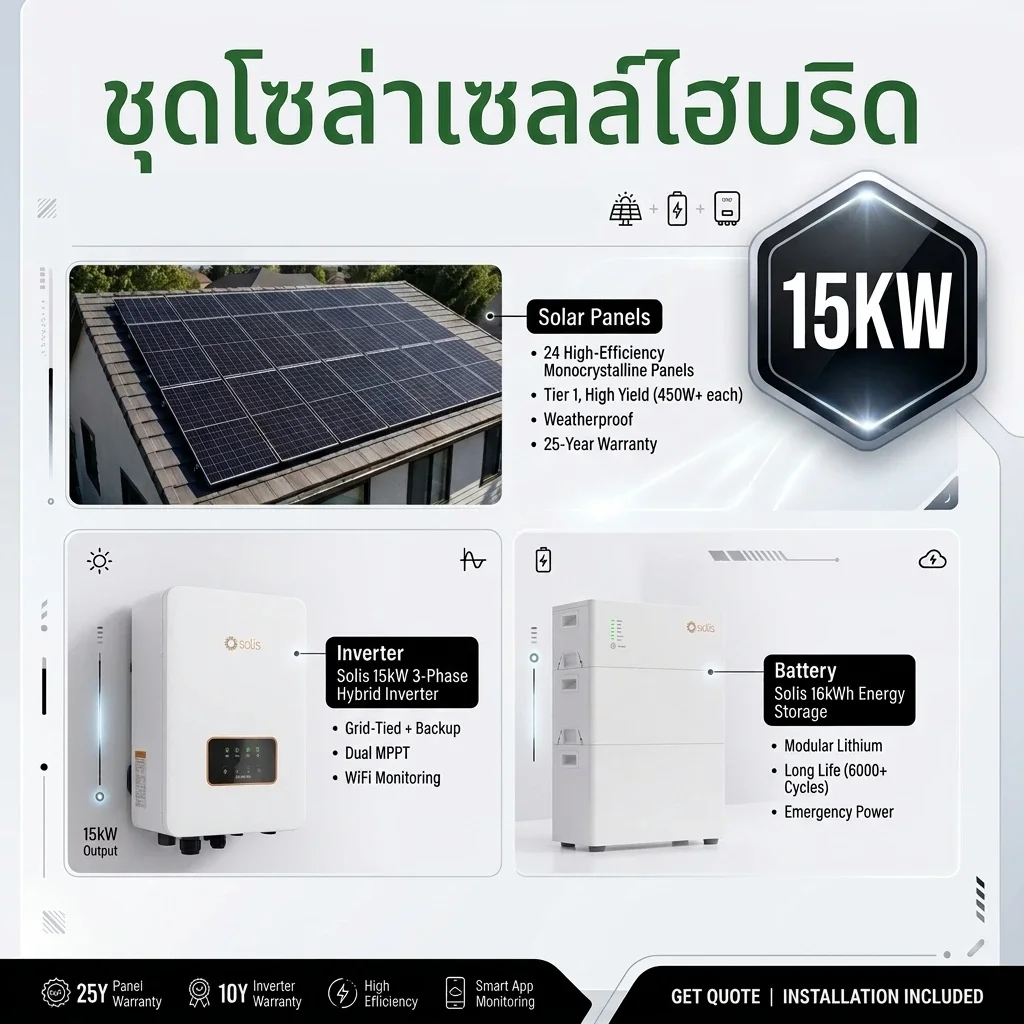 แพ็คเกจโซล่าเซลล์ไฮบริด 15KW 3 Phase
