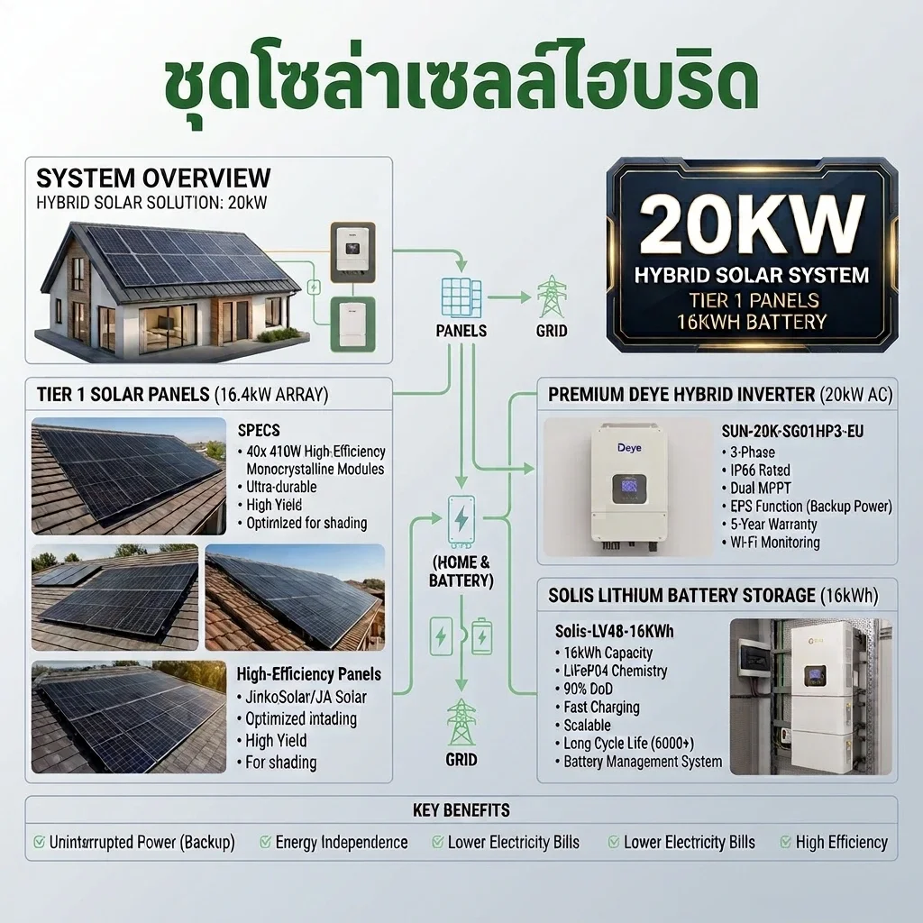 แพ็คเกจโซล่าเซลล์ไฮบริด 20KW 3 Phase แพ็คเกจโซล่าเซลล์ไฮบริด 20KW 3 Phase