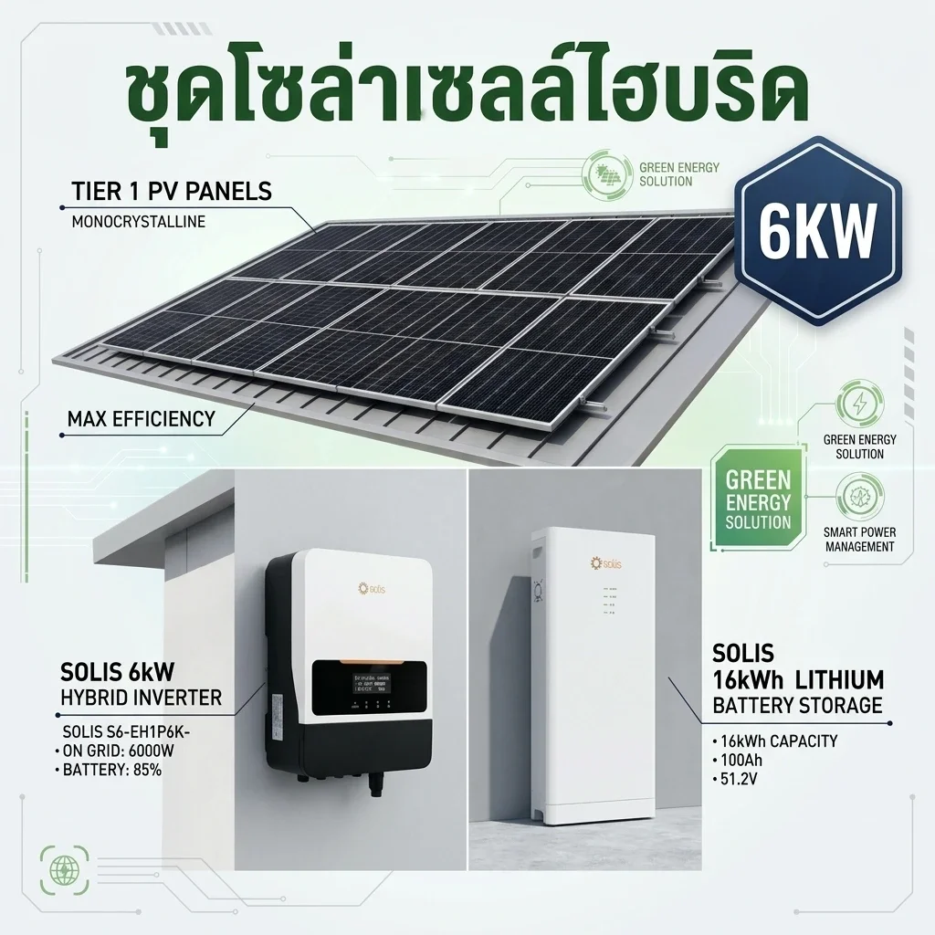แพ็คเกจโซล่าเซลล์ไฮบริด 6KW 1 Phase