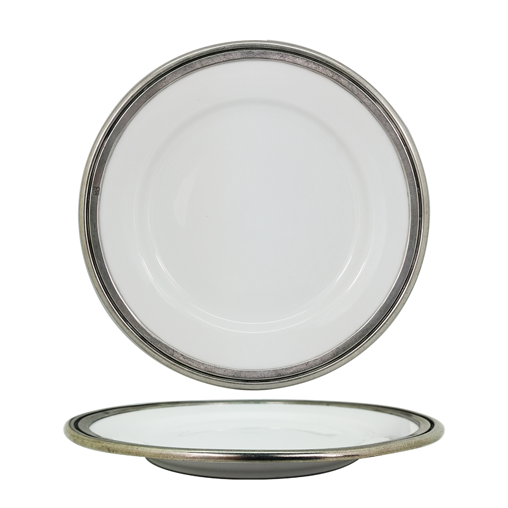 Porcelain Wide Rim Plate 27 cms. / Pewter Decorate