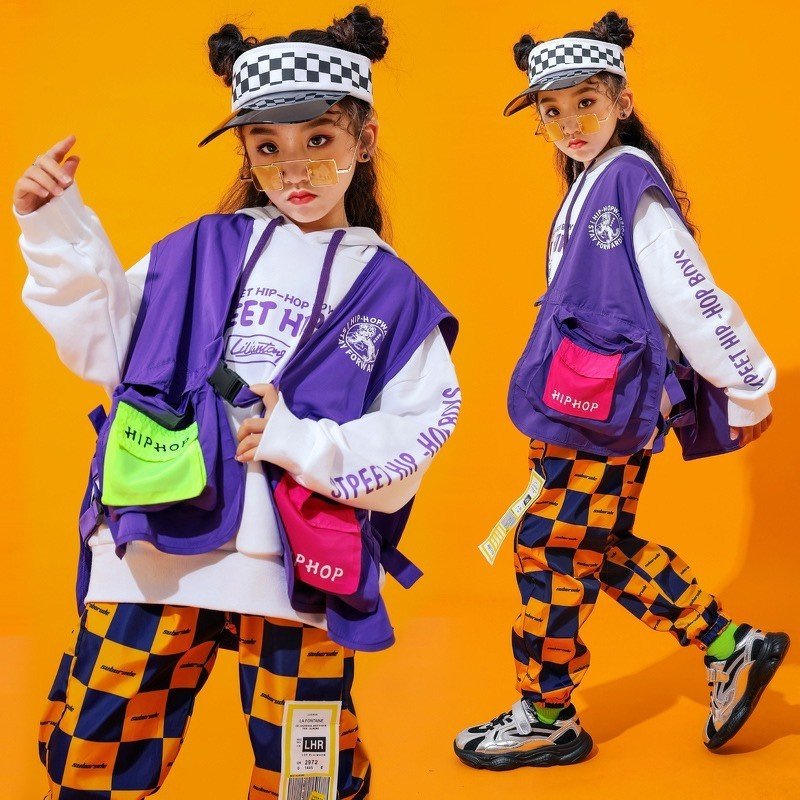 Hip hop checker set ( เสื้อกั๊กม่วง + กางเกงหมากรุก)