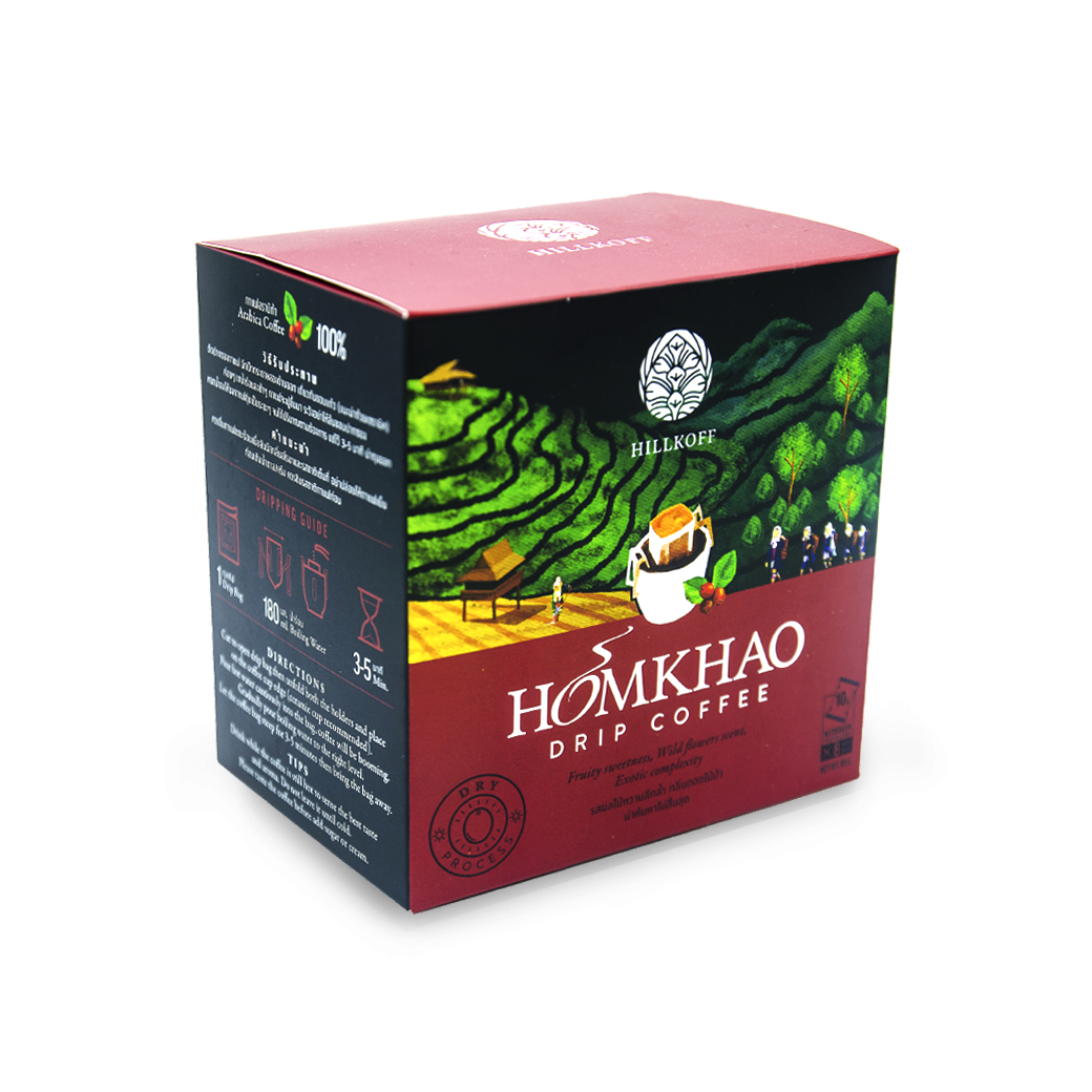 Homkhao Drip Coffee : Dry Process หอมข้าวกาแฟดริป ตรา ฮิลล์คอฟฟ์ บรรจุขนาด 10 กรัม × 8 ซอง