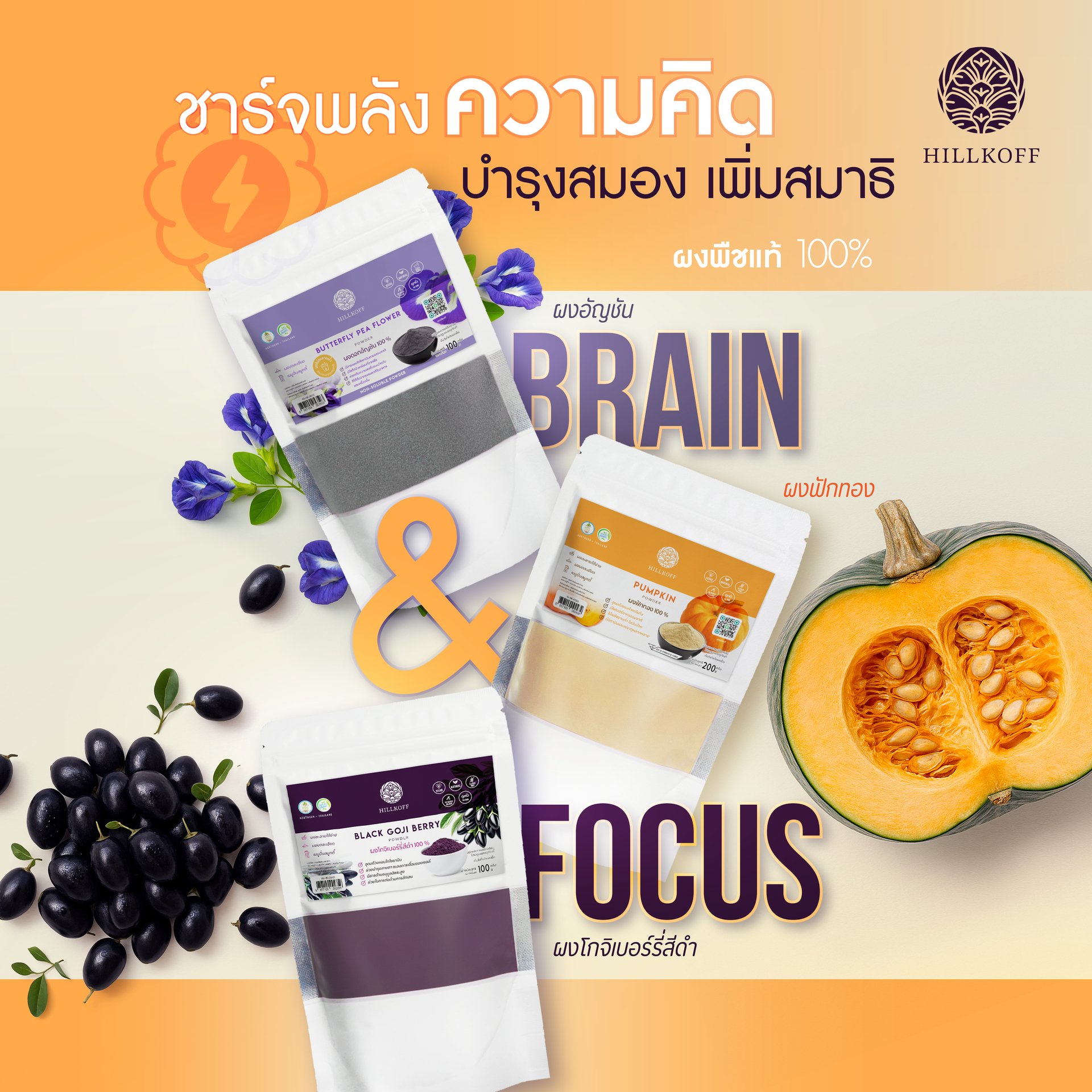 Set ผงสุขภาพ Brain & Focus ผงผักผลไม้ ฟักทอง, อัญชัน, และ โกจิเบอร์รี่ดำ