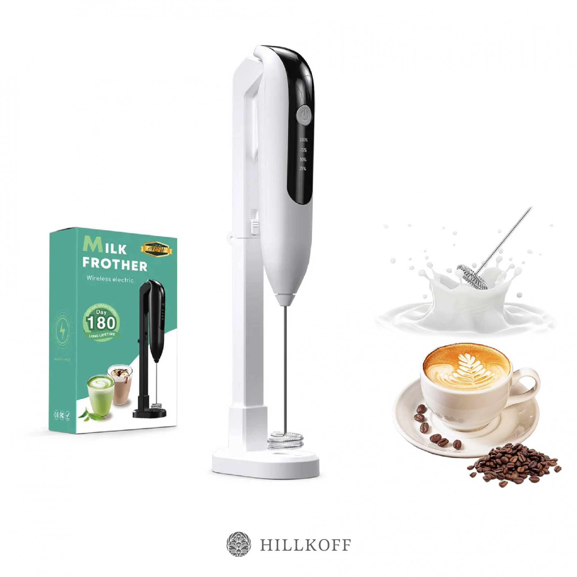HILLKOFF : เครื่องตีฟองนมไฟฟ้าไร้สาย เครื่องตีฟองนมพกพา Wireless Charging Milk Frother EB-003