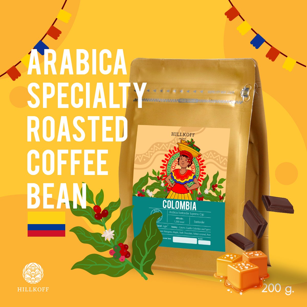 Hillkoff :  Colombia Arabica Specialty Roasted (กาแฟคัดพิเศษ จากประเทศโคลัมเบีย) ขนาด 200 กรัม