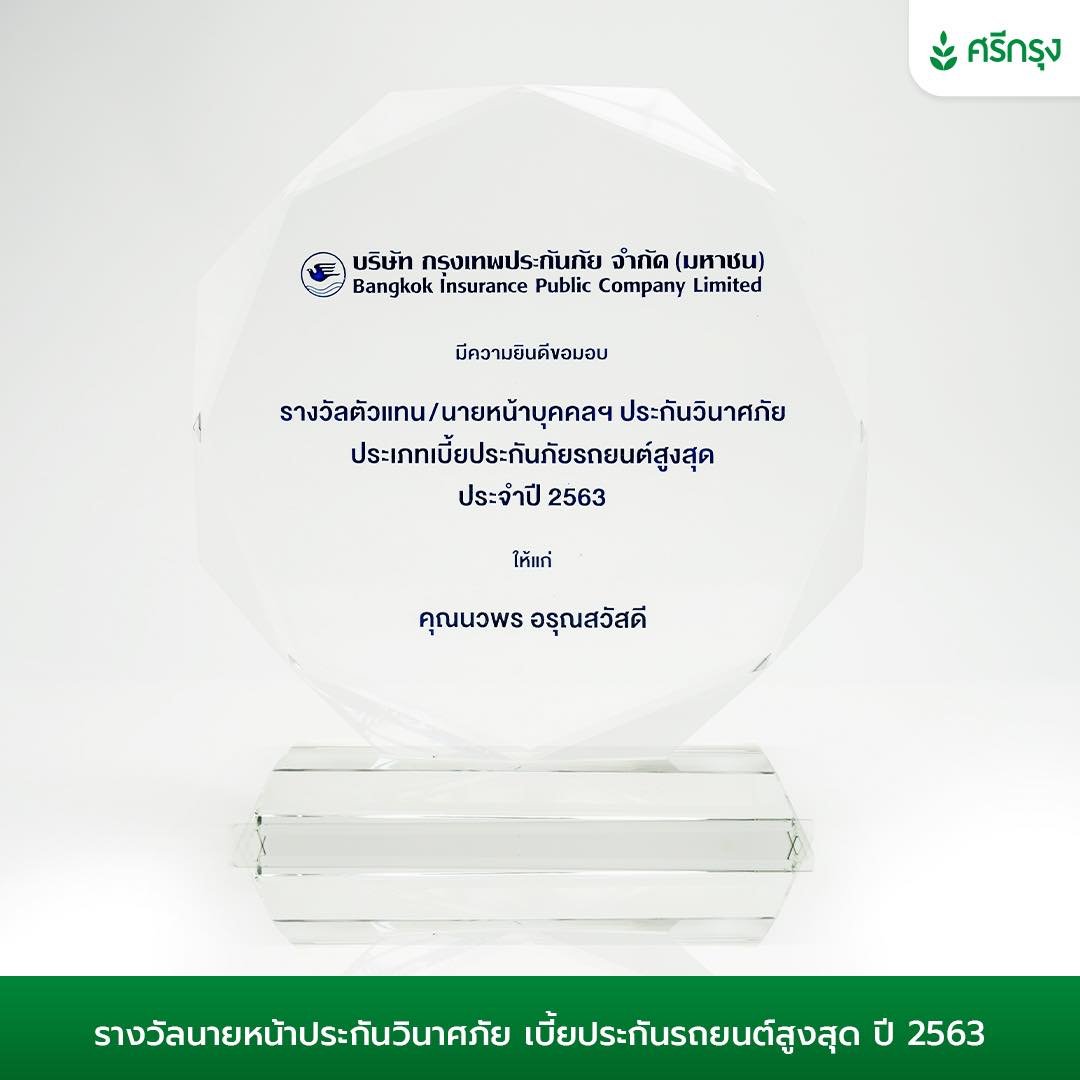 รางวัลตัวแทนนายหน้าบุคคลฯ ประกันวินาศภัย ประเภทเบี้ยประกันภัยรถยนต์สูงสุด ประจำปี 2563