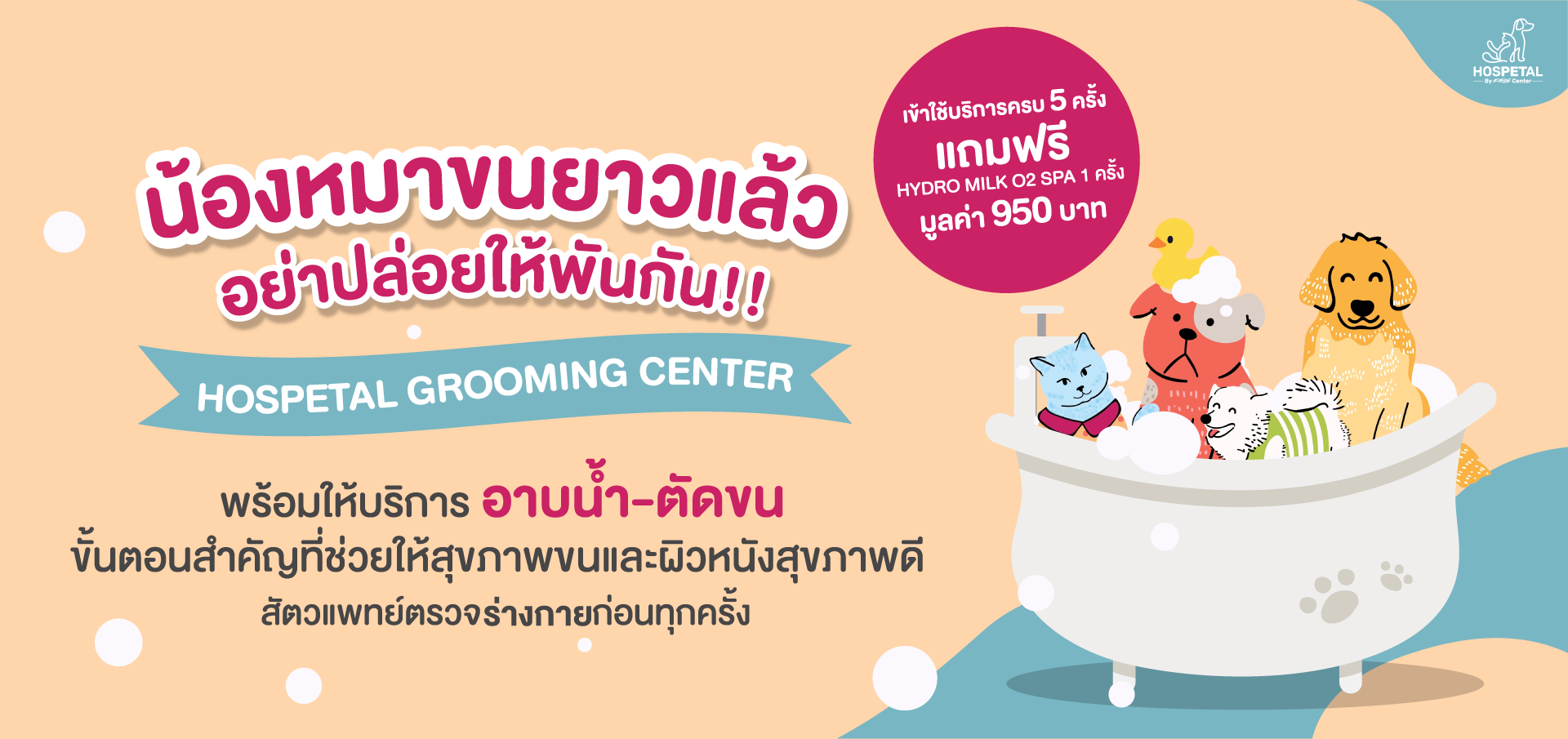 ใช้บริการอาบน้ำตัดขน ครบ 5 ครั้ง แถมฟรี  Hydro Milk O2 Spa 1 ครั้ง