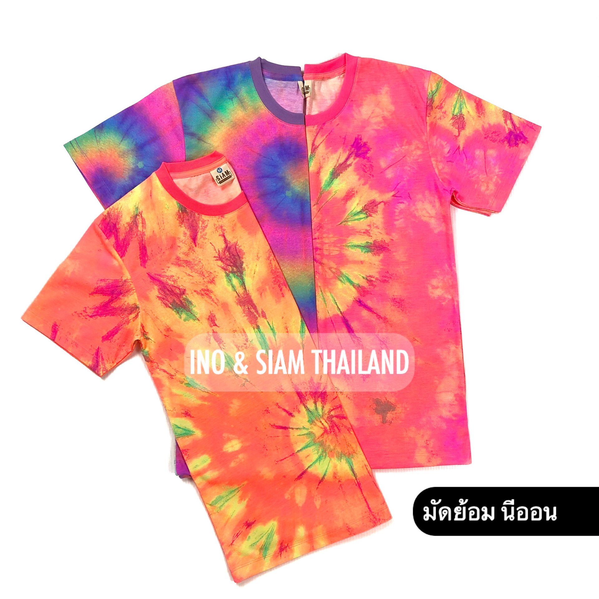 เสื้อยืดมัดย้อมนีออน วางถ่ายด้วยกัน 3 สี ส้ม,ม่วง,ชมพู