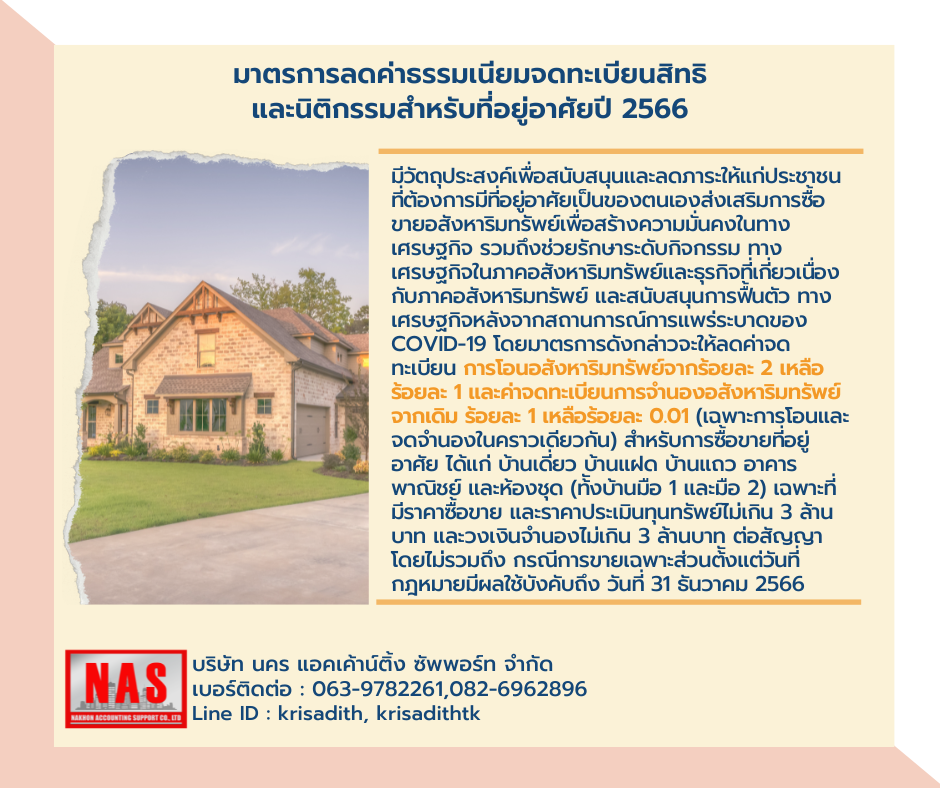 มาตรการลดค่าธรรมเนียมจดทะเบียนสิทธิ และนิติกรรมสำหรับที่อยู่อาศัยปี 2566 